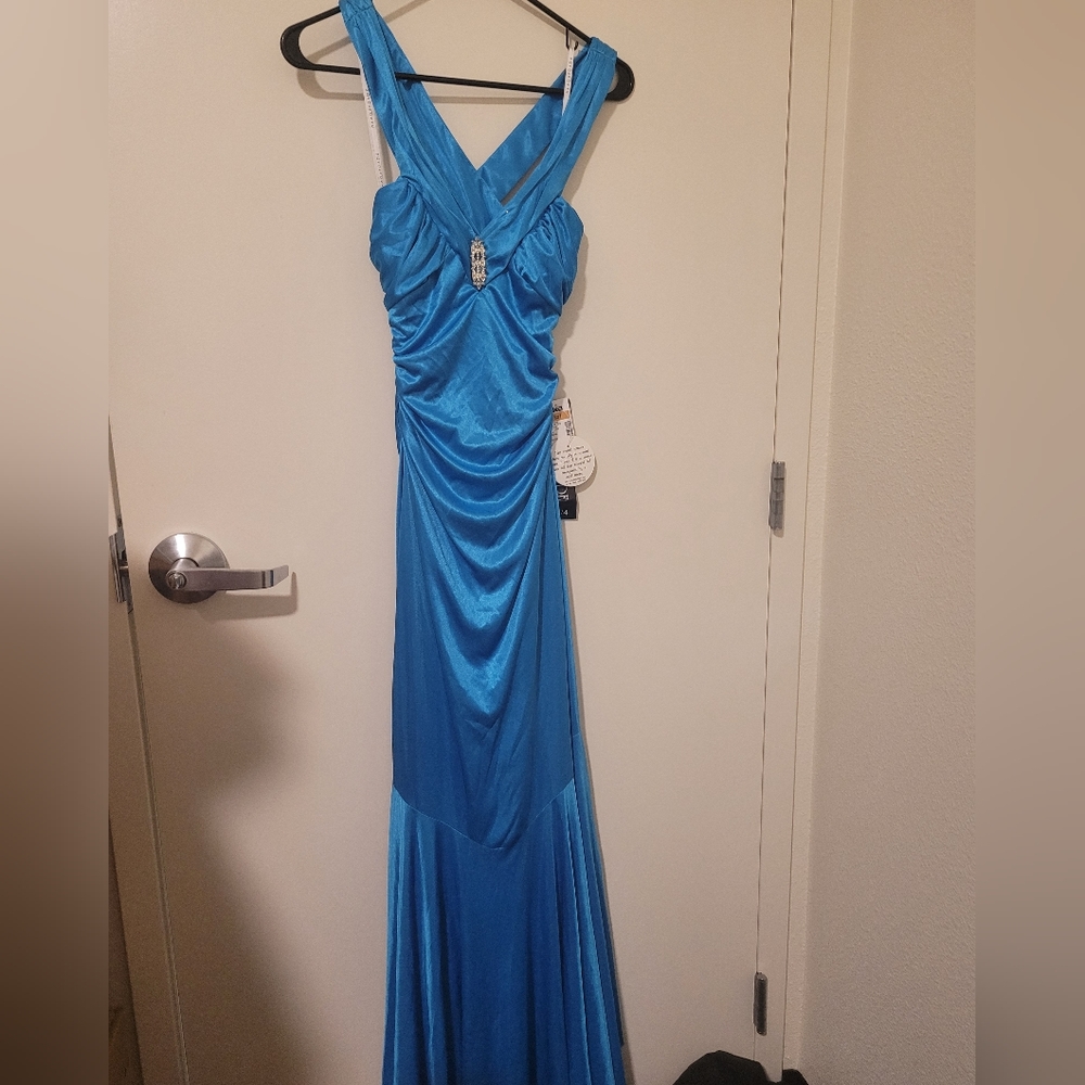 mermaid satin ballgown turquoise with all gem stones, small never worn ✨️